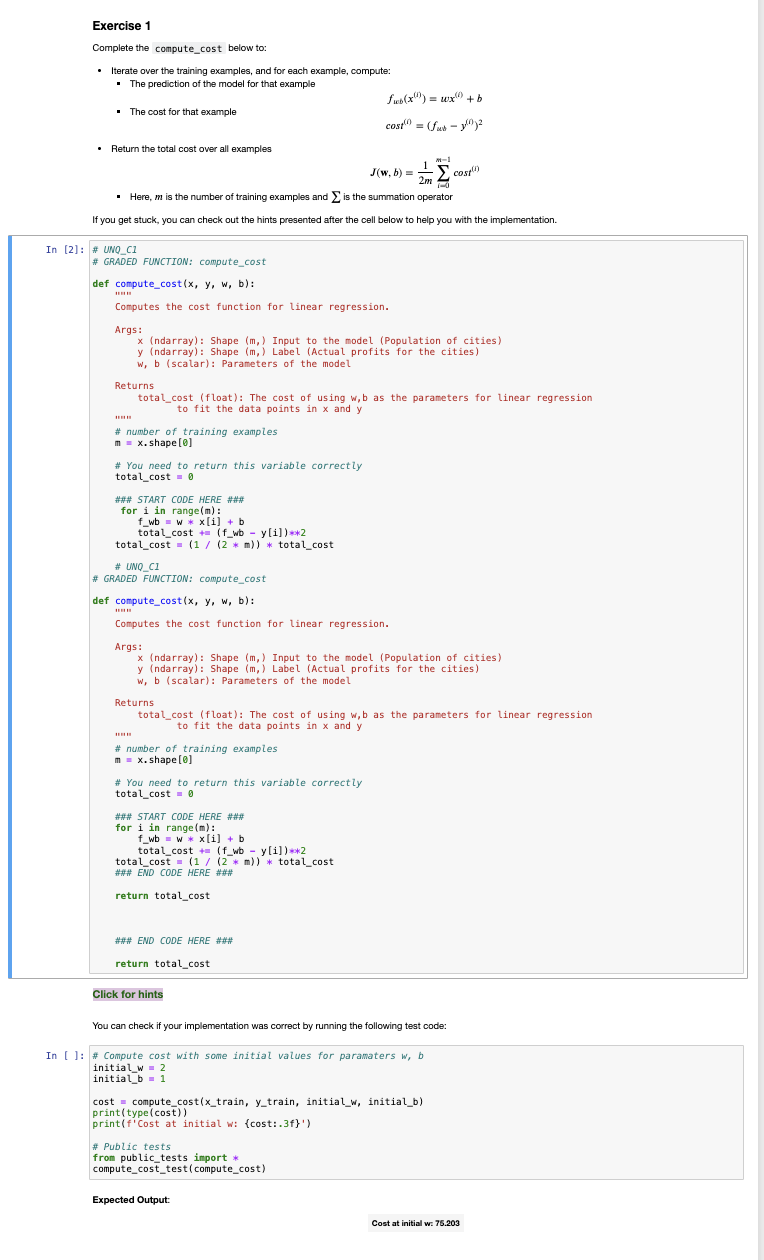 Complete the compute _ cost below to: Iterate