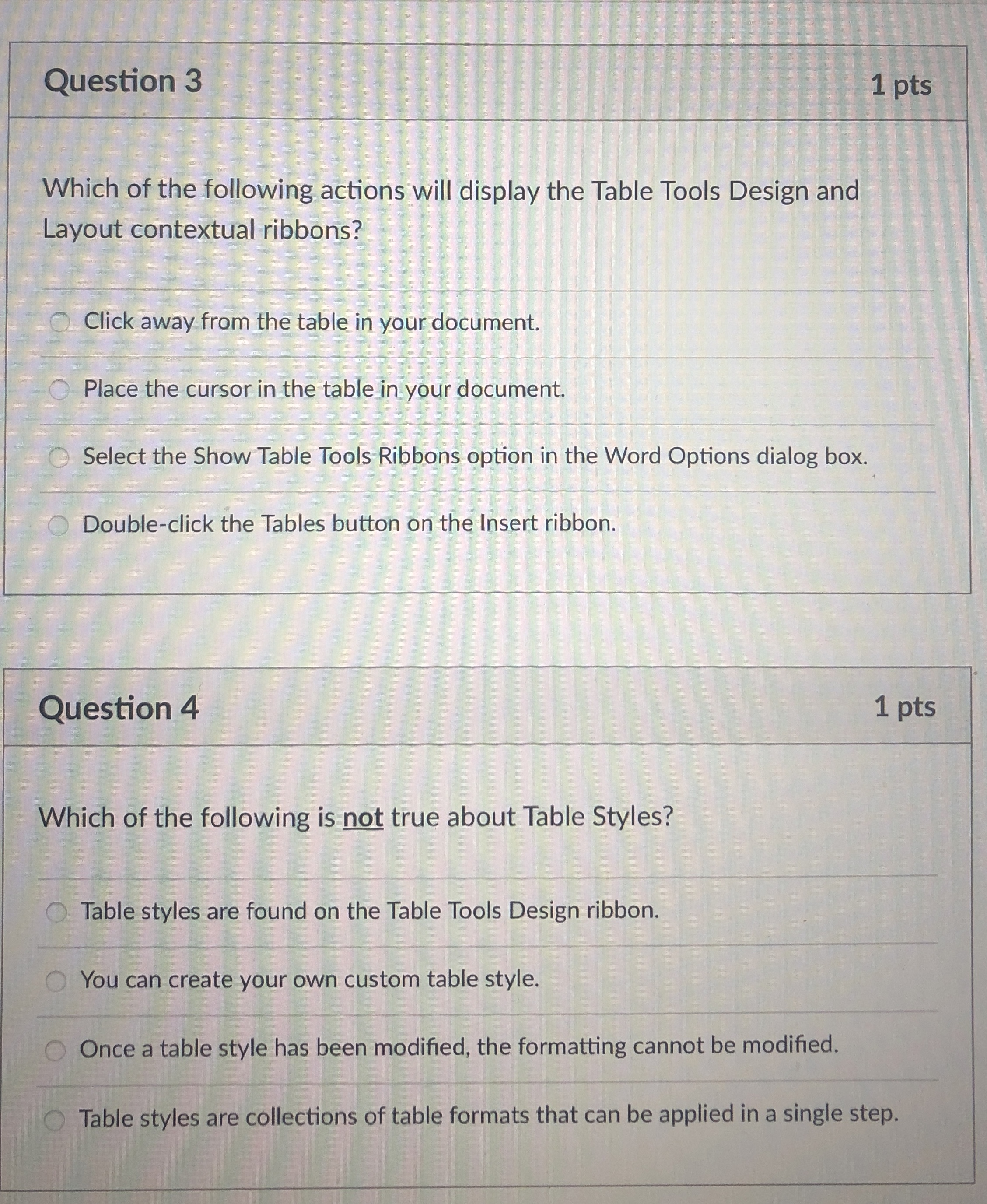 Question 1 1 pts All formulas in Word begin with