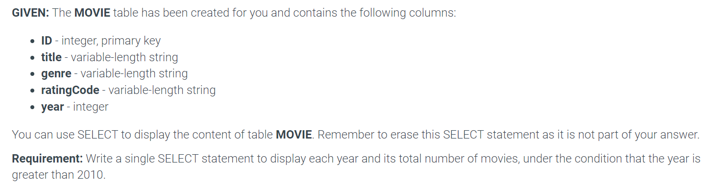 GIVEN: The MOVIE table has been created for you