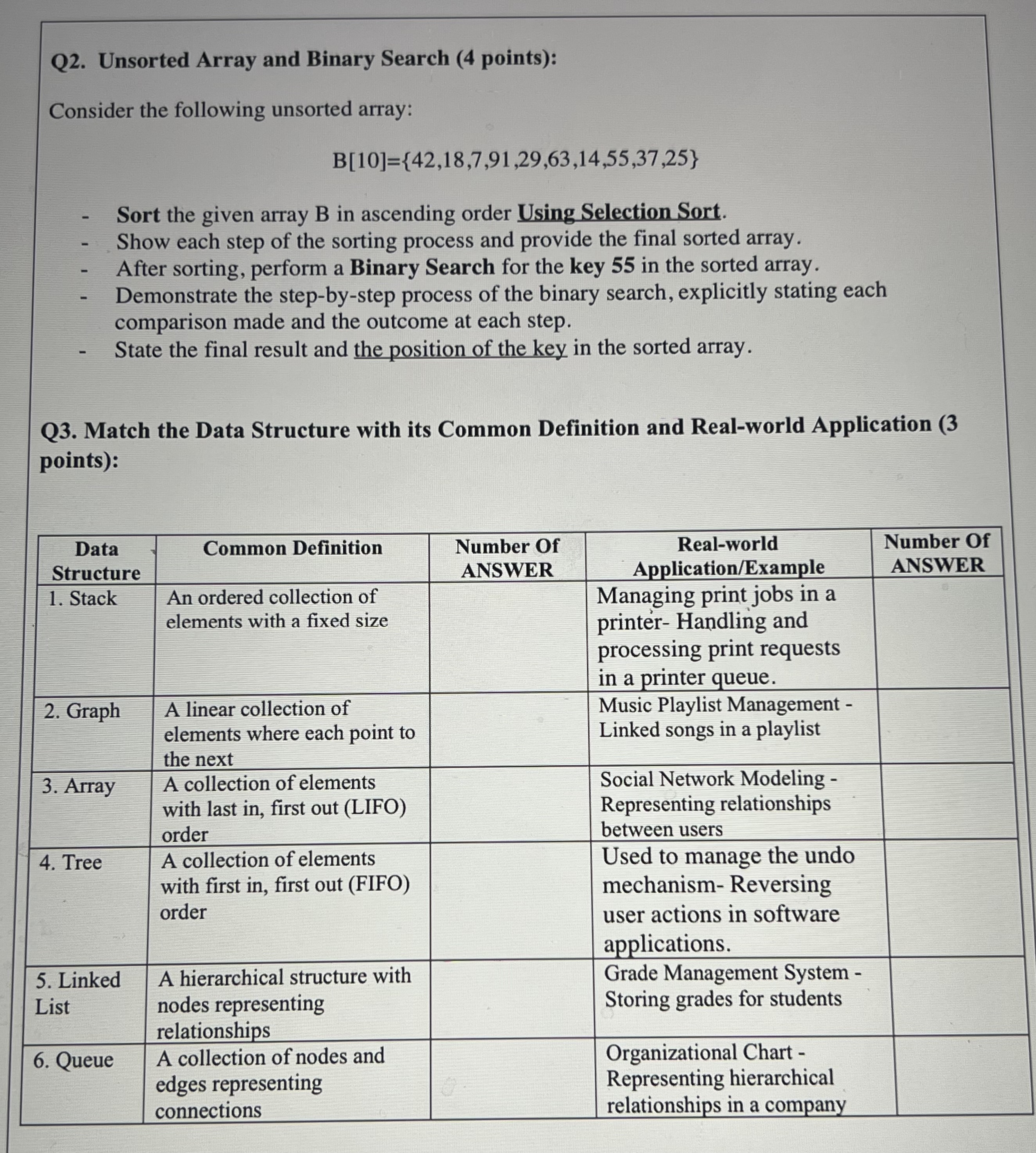 Q 2 . Unsorted Array and Binary Search ( 4 points