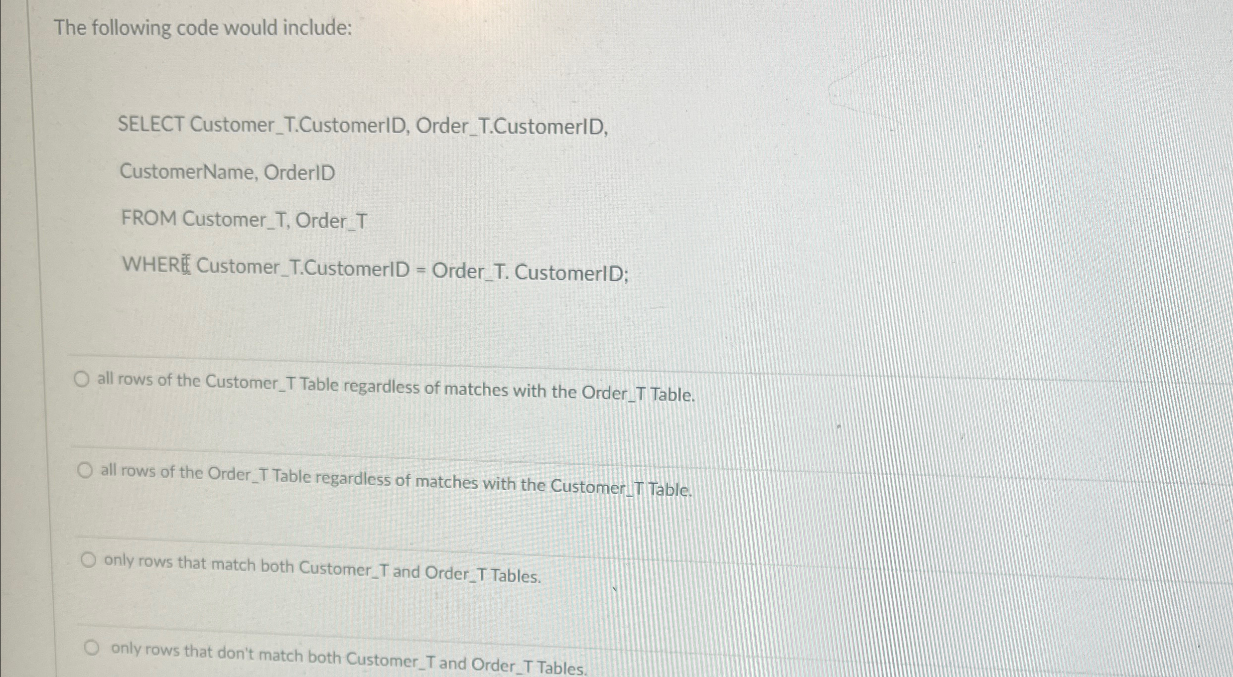 The following code would include: SELECT Customer