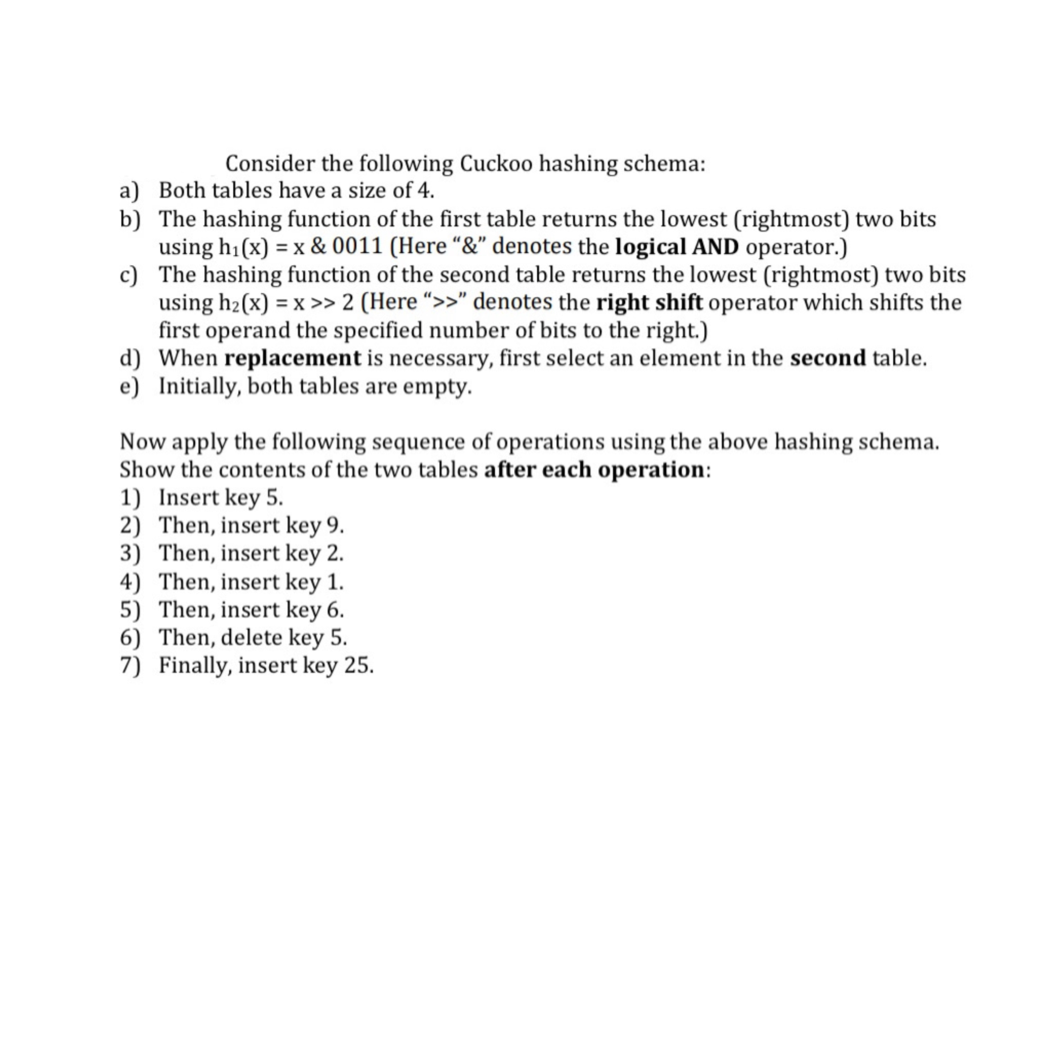 Consider the following Cuckoo hashing schema: a )