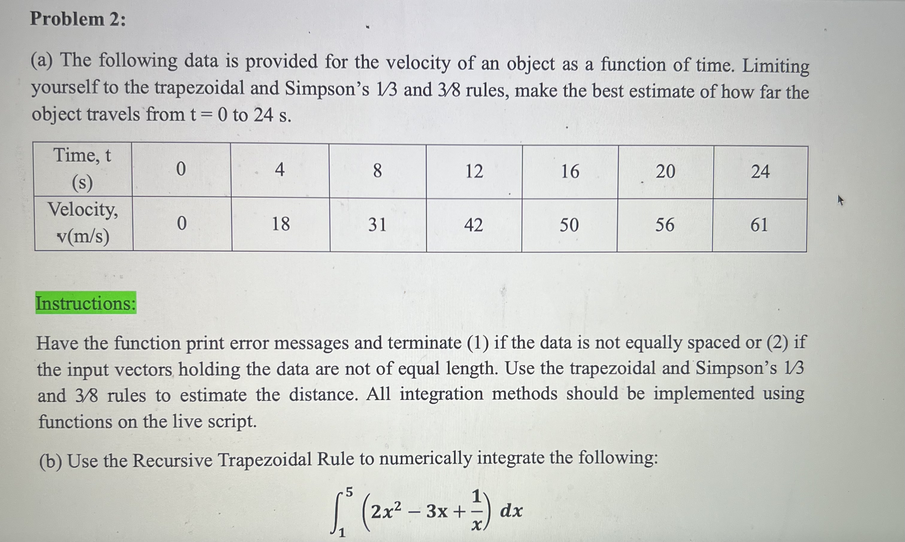 MATLAB Code Problem 2 : ( a ) The following data