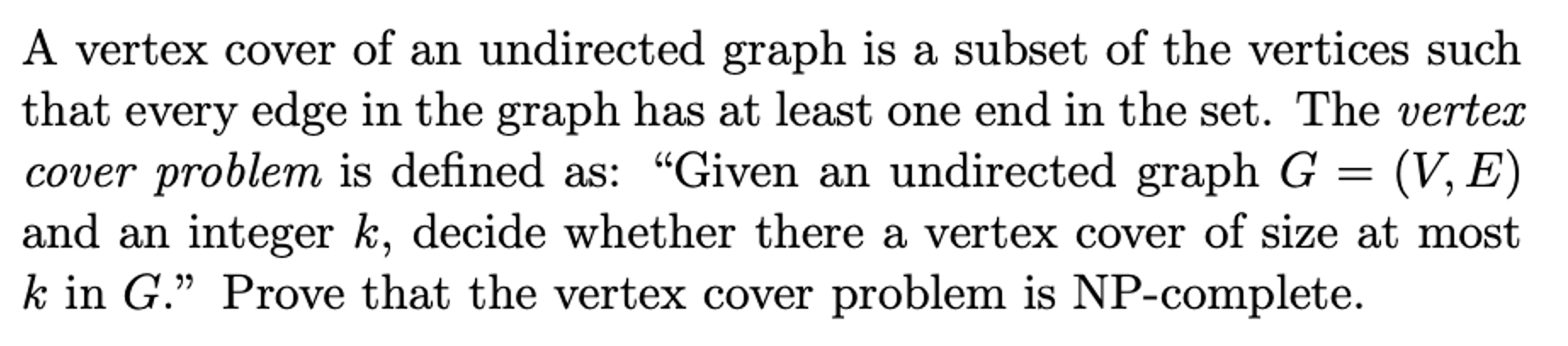A vertex cover of an undirected graph is a subset