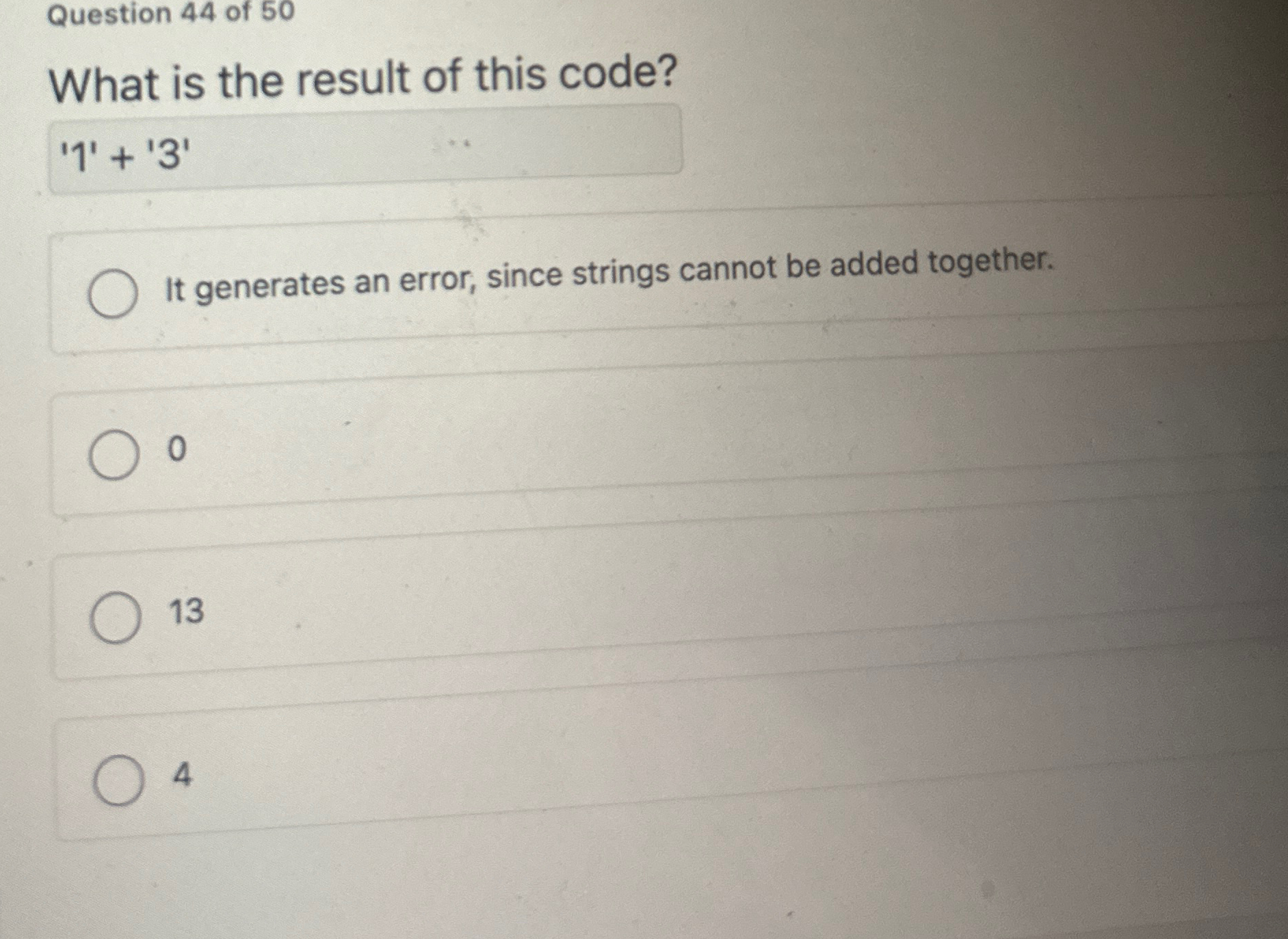 Question 4 4 of 5 0 What is the result of this