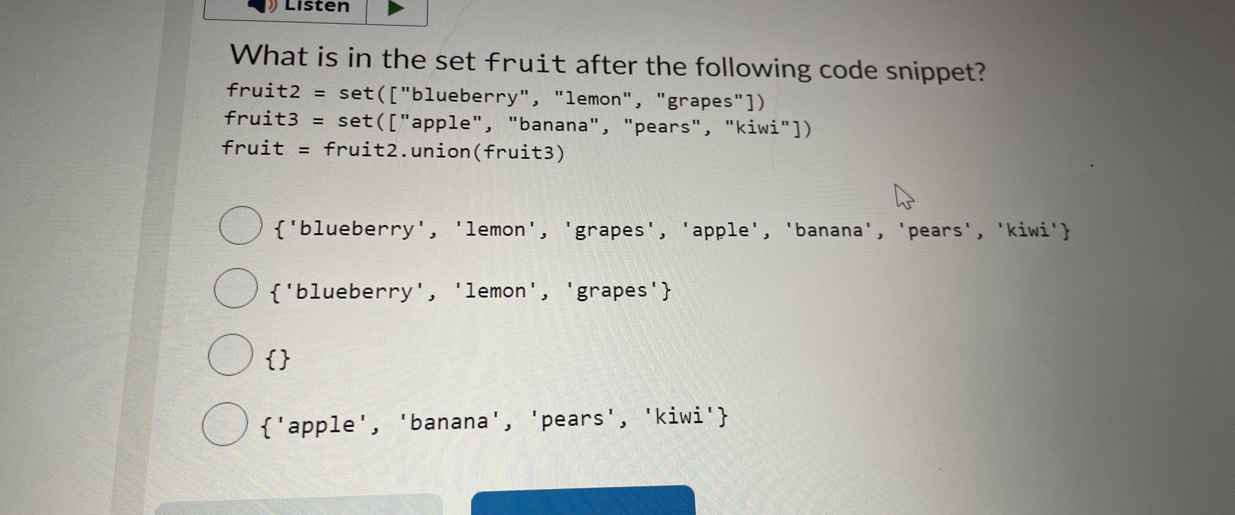 What is in the set fruit after the following code