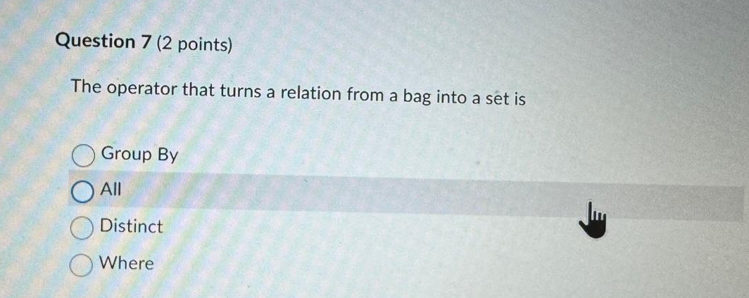 Question 7 ( 2 points ) The operator that turns a