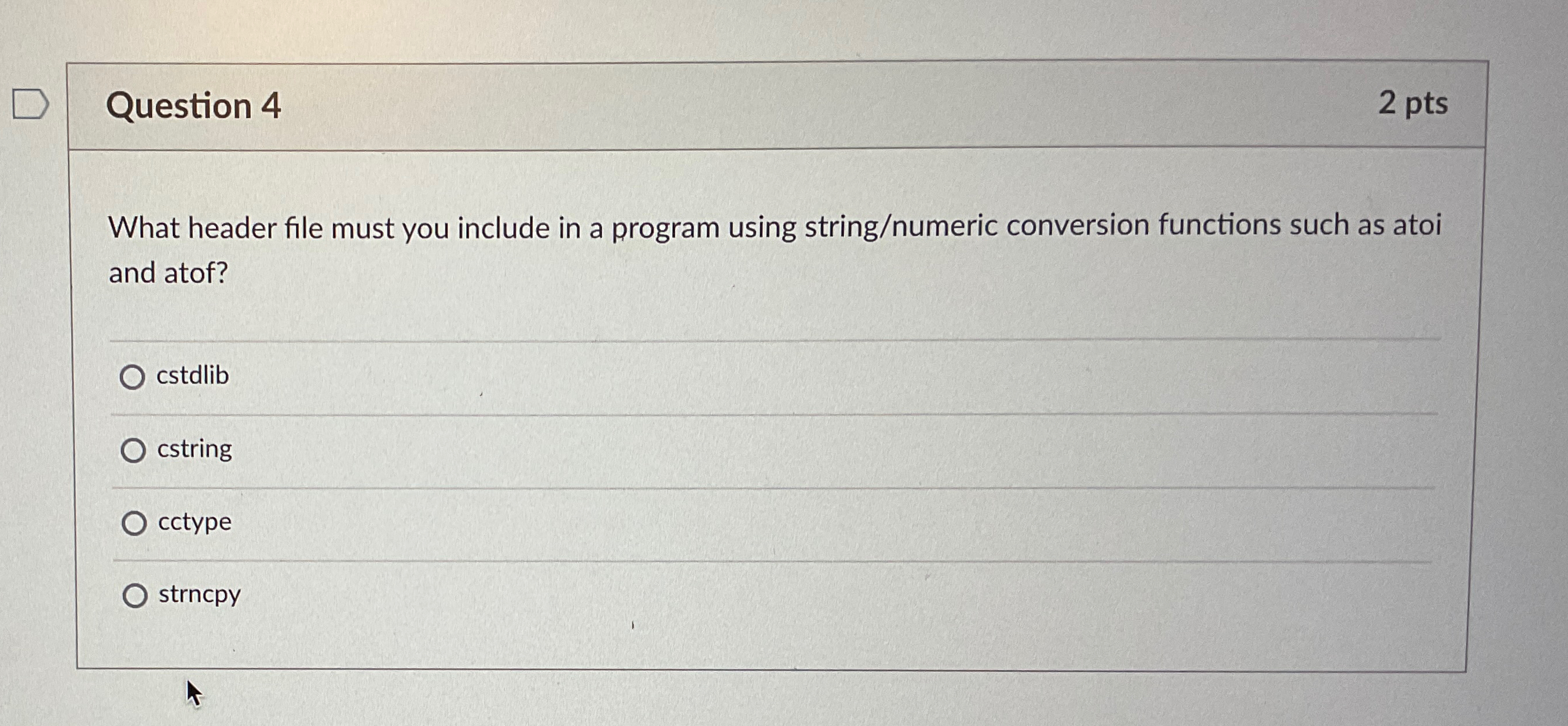 Question 4 2 p t s What header file must you