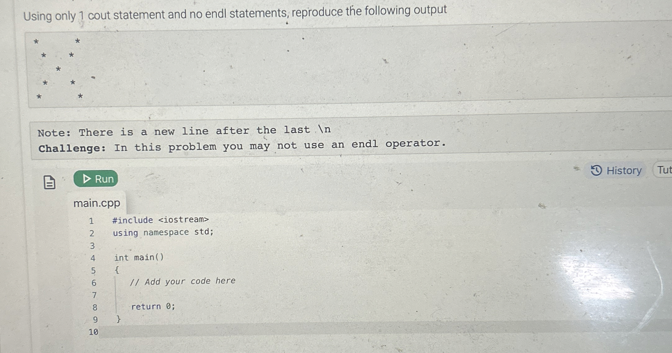 Using only 1 cout statement and no endl