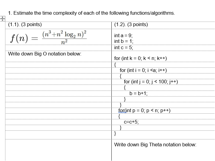 Estimate the time complexity of each of the
