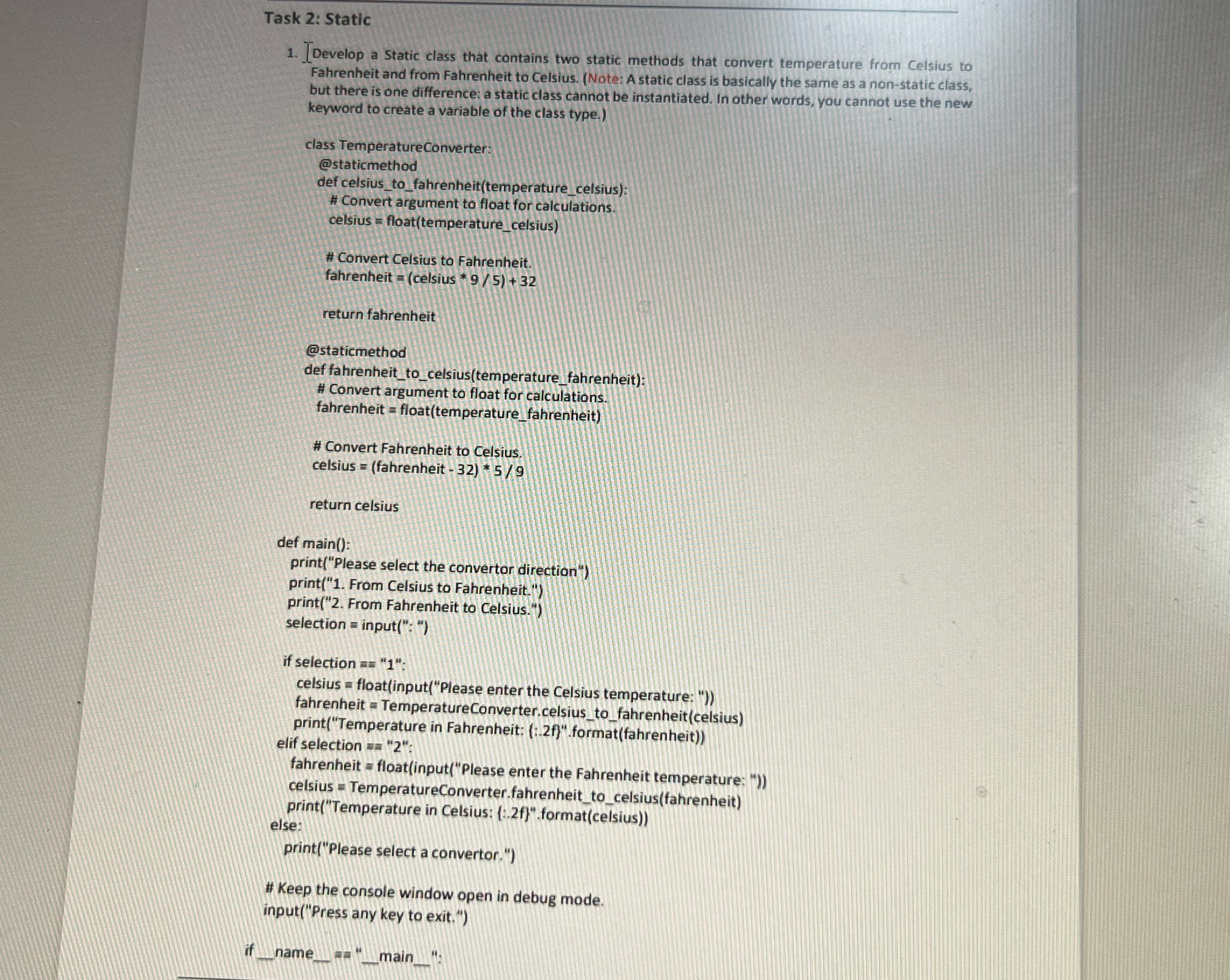 Task 2 : Static Develop a Static class that