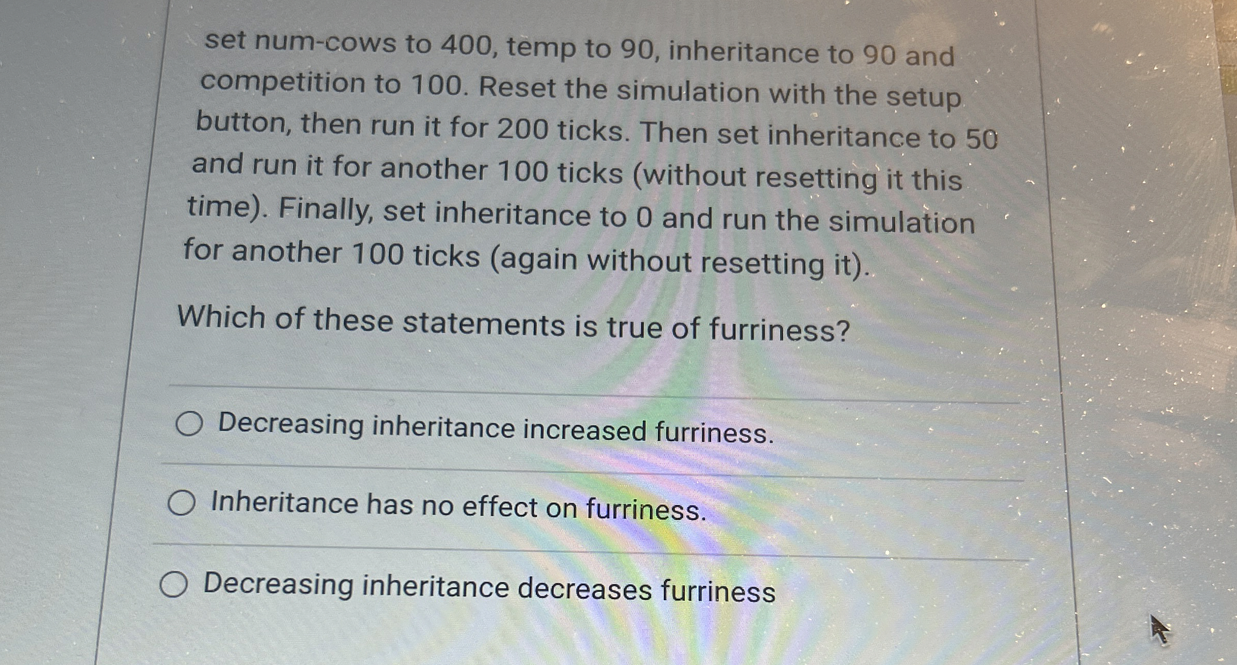 set num - cows to 4 0 0 , temp to 9 0 ,