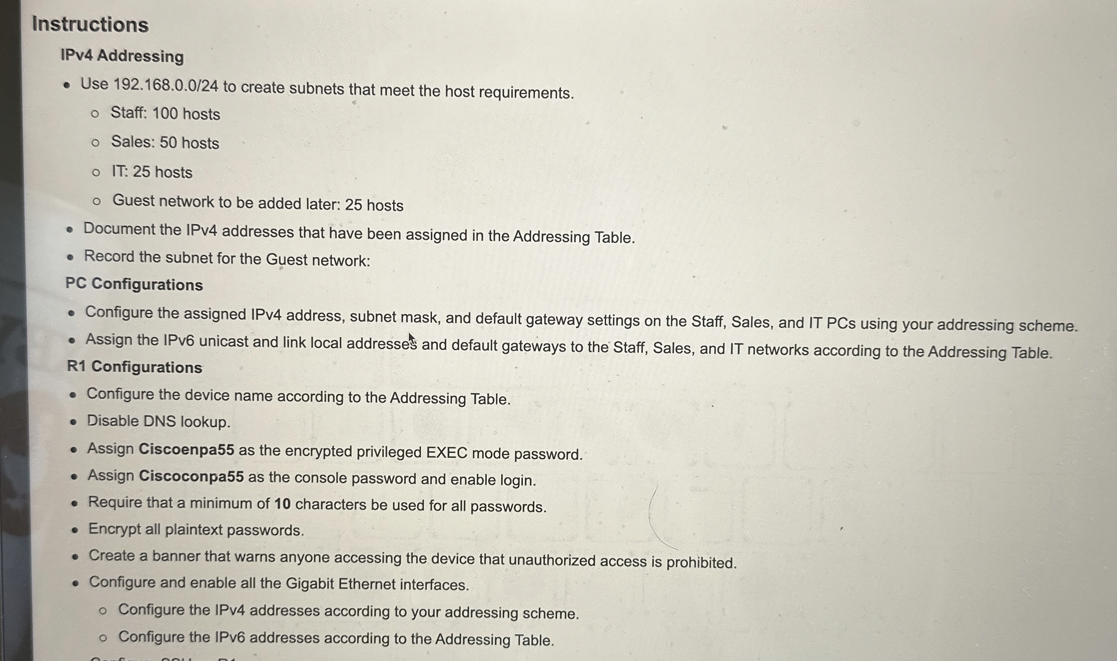 Instructions IPv 4 Addressing Use 1 9 2 . 1 6 8 .