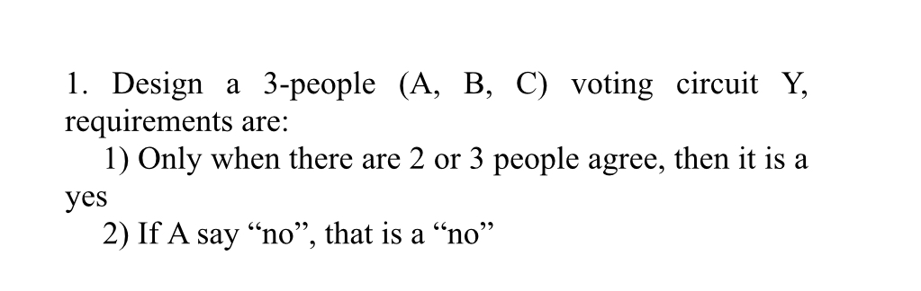 Design a 3 - people ( A , B , C ) voting circuit