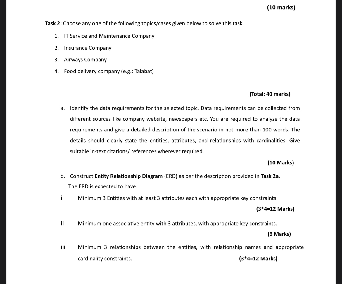 ( 1 0 marks ) Task 2 : Choose any one of the