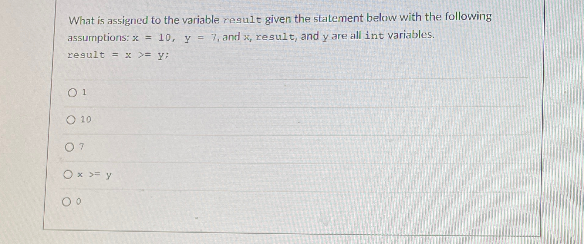 What is assigned to the variable result given the