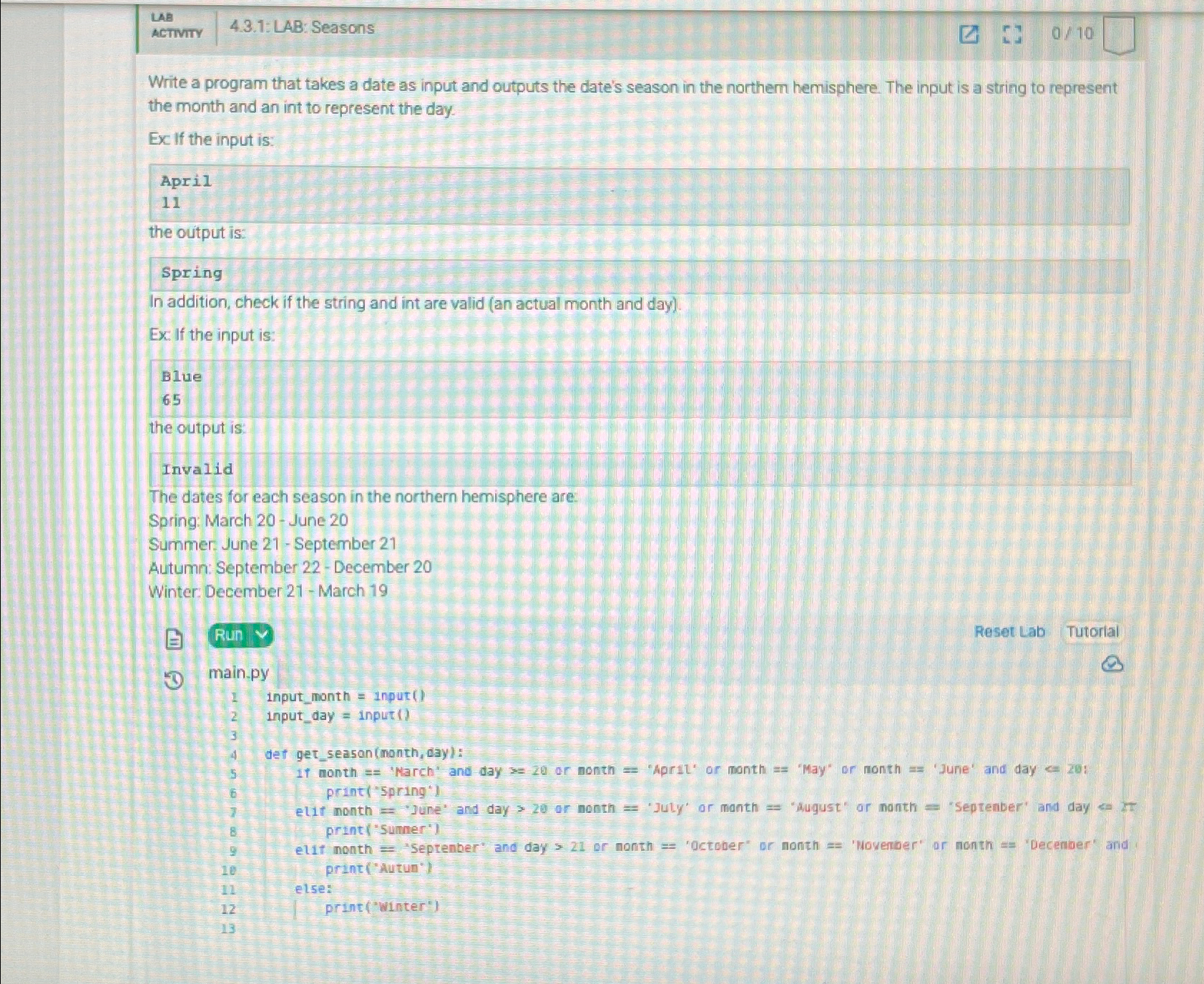 LAB ACTMITY 4 . 3 . 1 : LAB: Seasons Write a