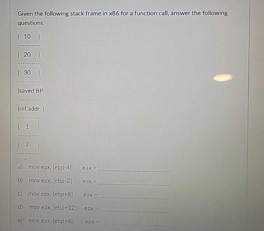 Given the following stack frame in 8 6 for a