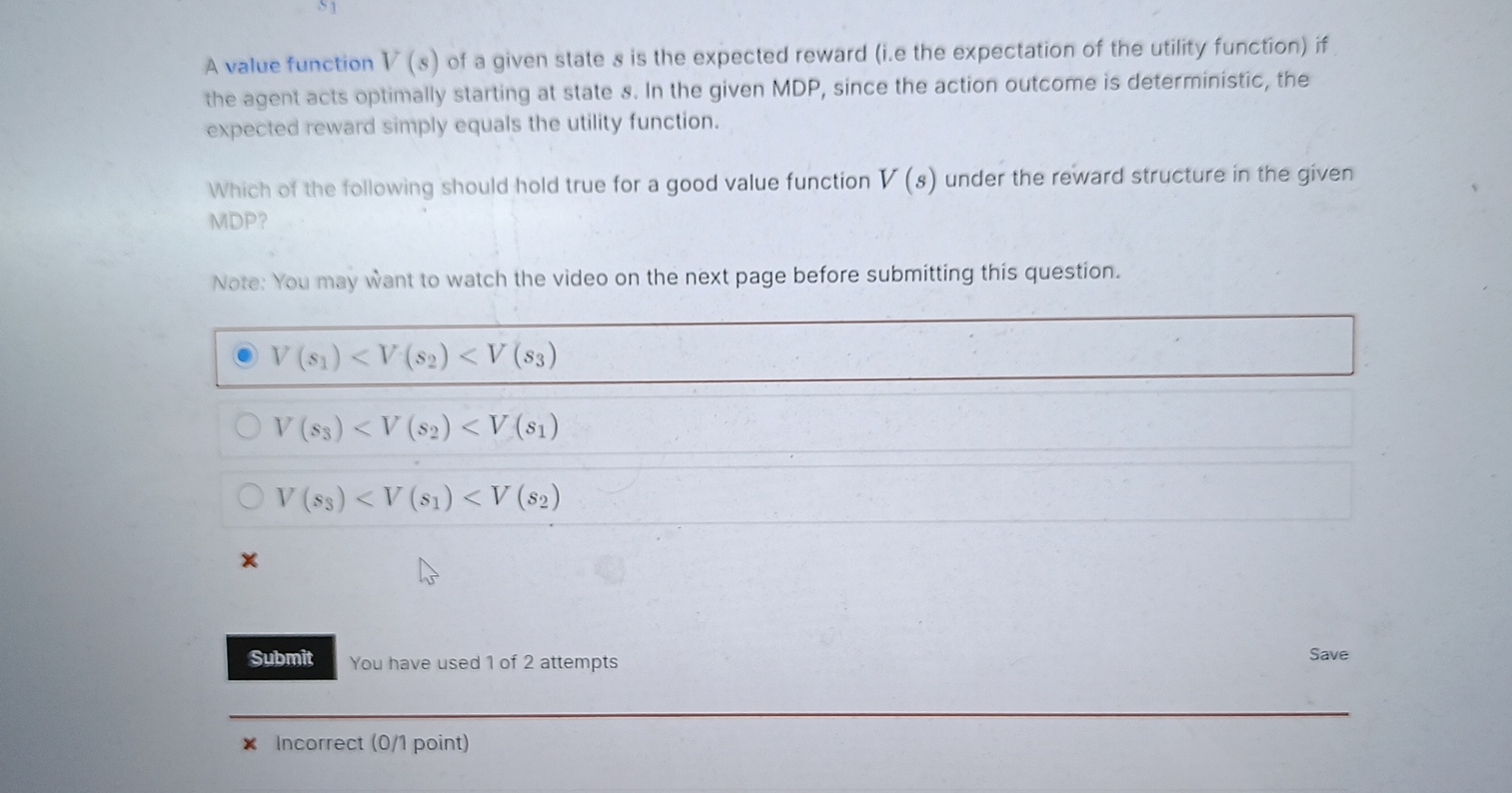 A value function V ( s ) of a given state s is