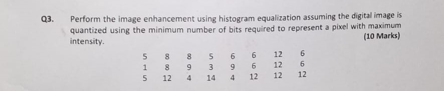  Q3. Perform the image enhancement using histogram equalization assuming the digital