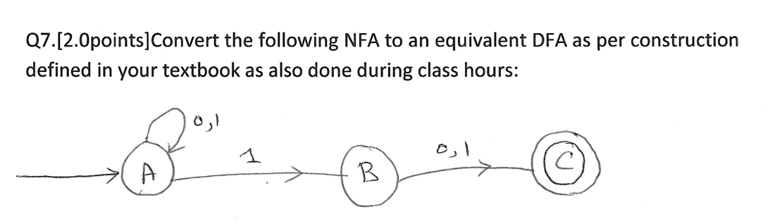 Q 7 . [ 2 . 0 points ] Convert the following NFA
