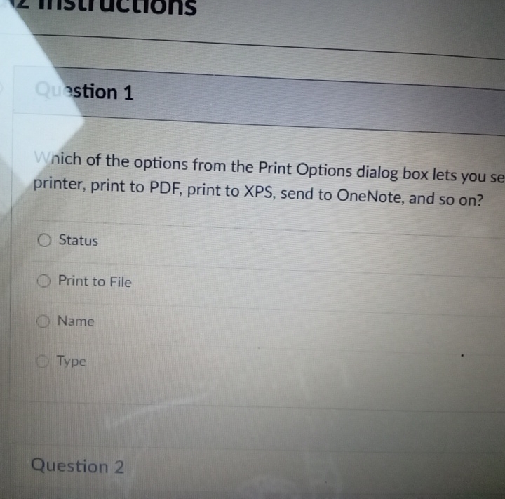 3 stion 1 Which of the options from the Print