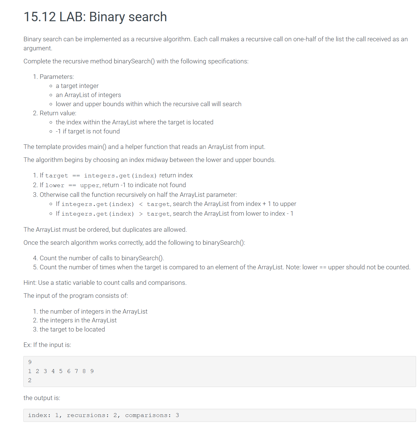1 5 . 1 2 LAB: Binary search Binary search can be