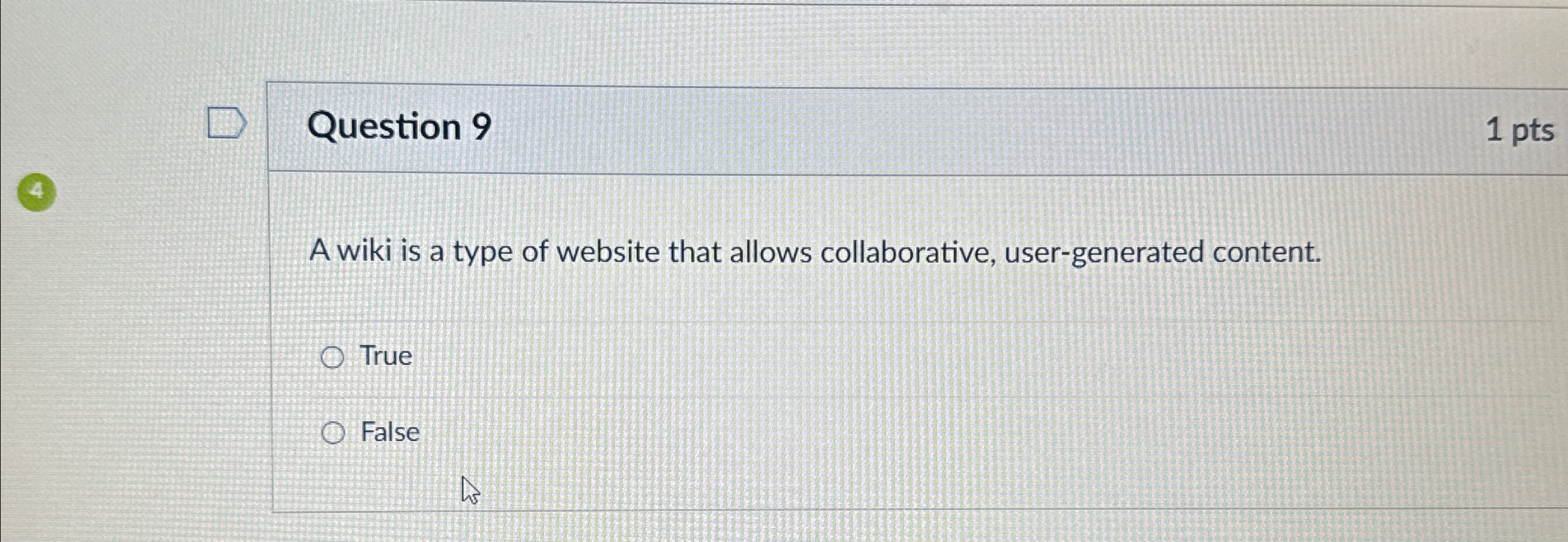 Question 9 1 pts ( 4 ) A wiki is a type of