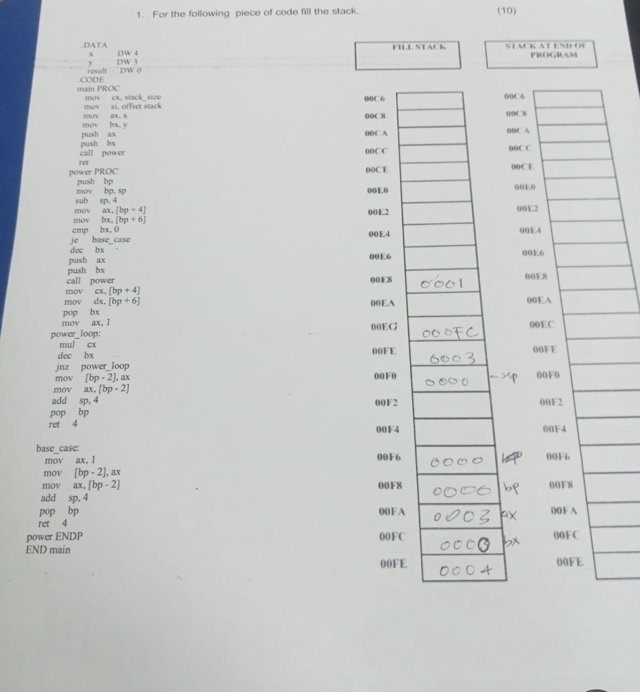 For the following piece of code fill the stack.