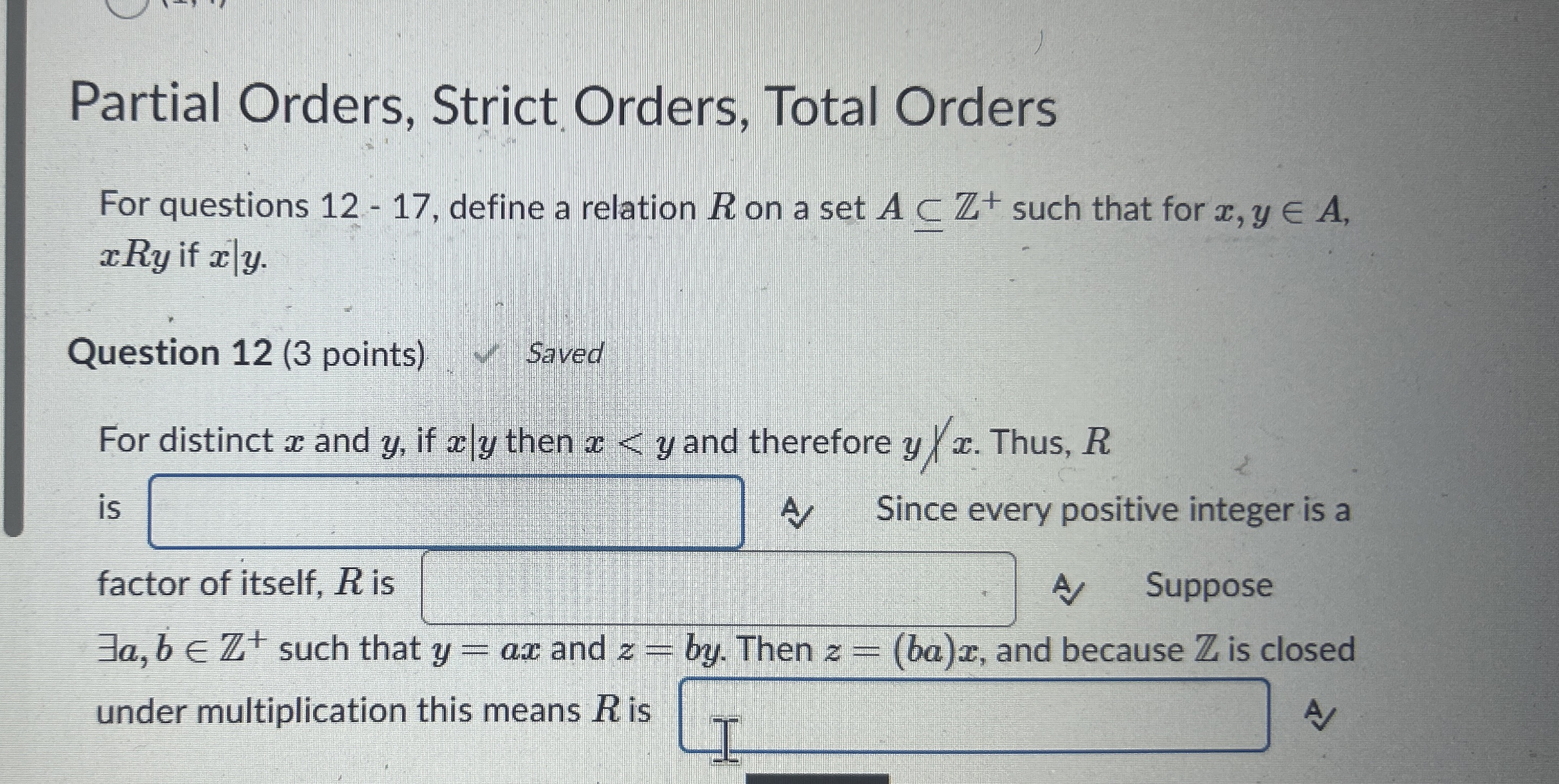 Partial Orders, Strict. Orders, Total Orders For
