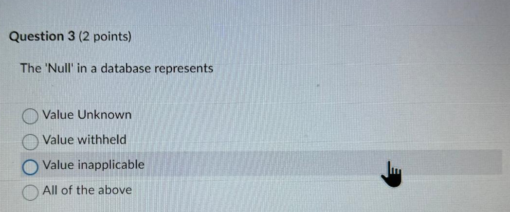 Question 3 ( 2 points ) The 'Null' in a database