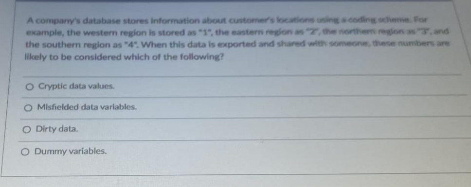 A company's database stores information about