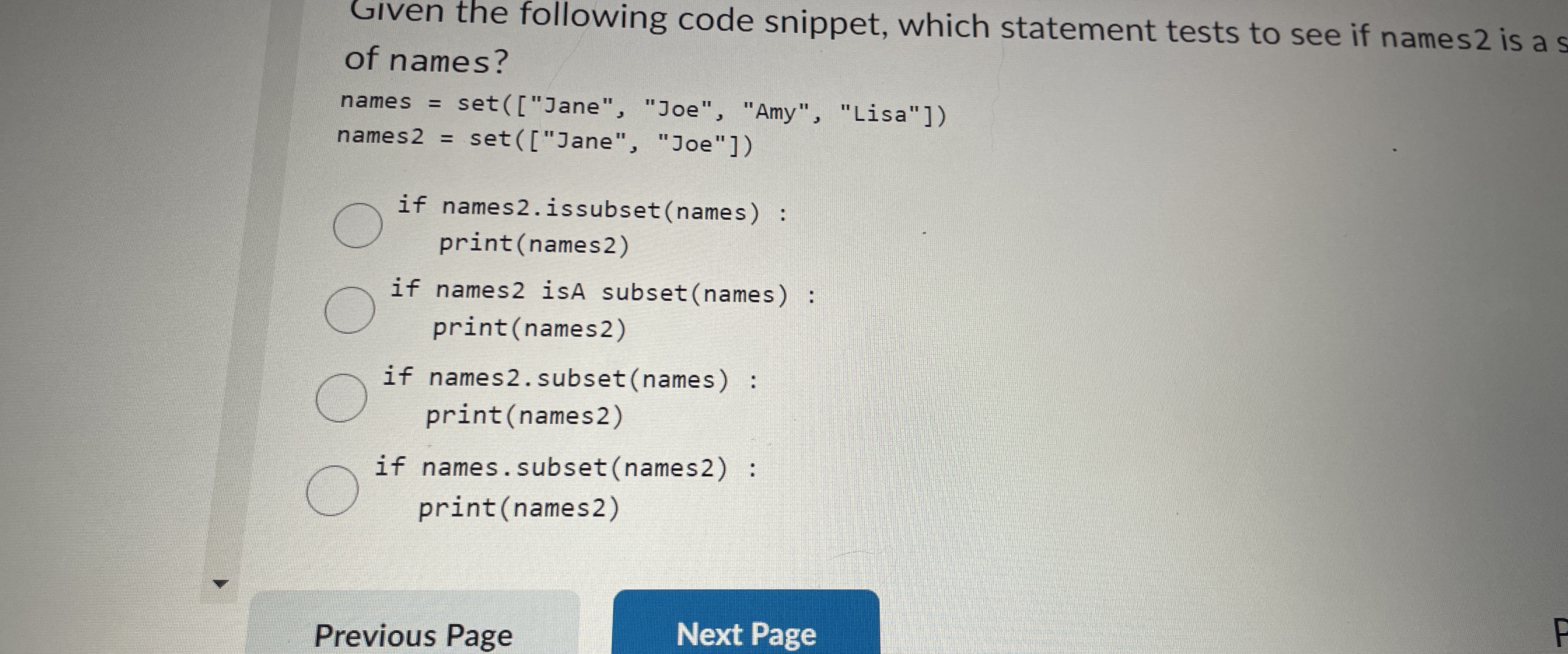 Glven the following code snippet, which statement