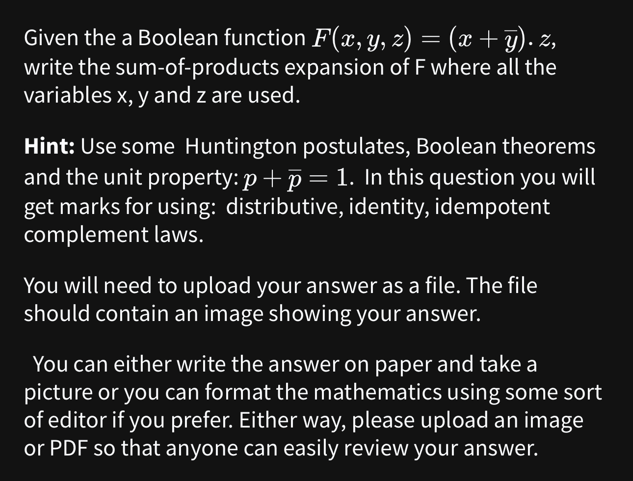 Given the a Boolean function F ( x , y , z ) = (