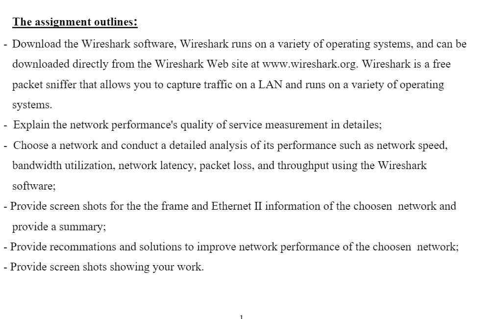 The assignment outlines: Download the Wireshark