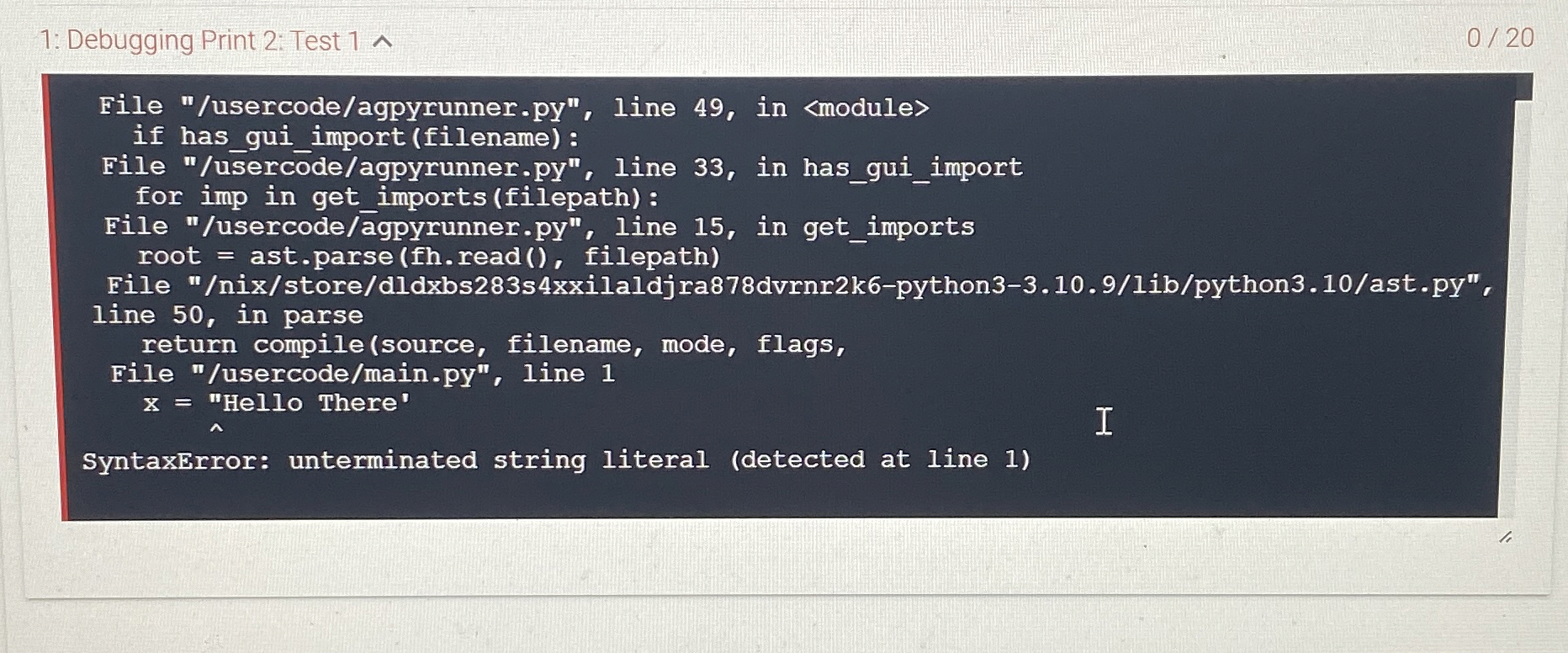 1 : Debugging Print 2 : Test 1 0 2 0