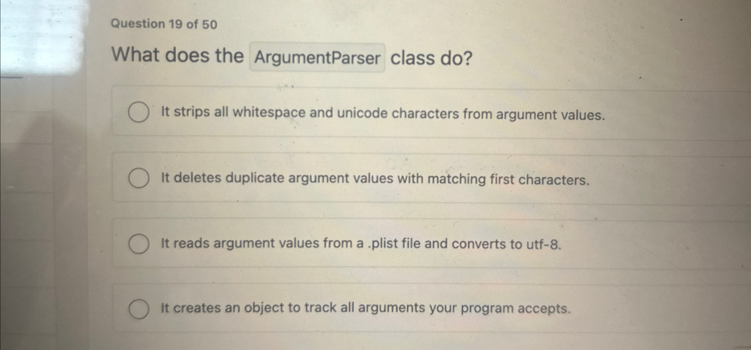 Question 1 9 of 5 0 What does the Augumentparser