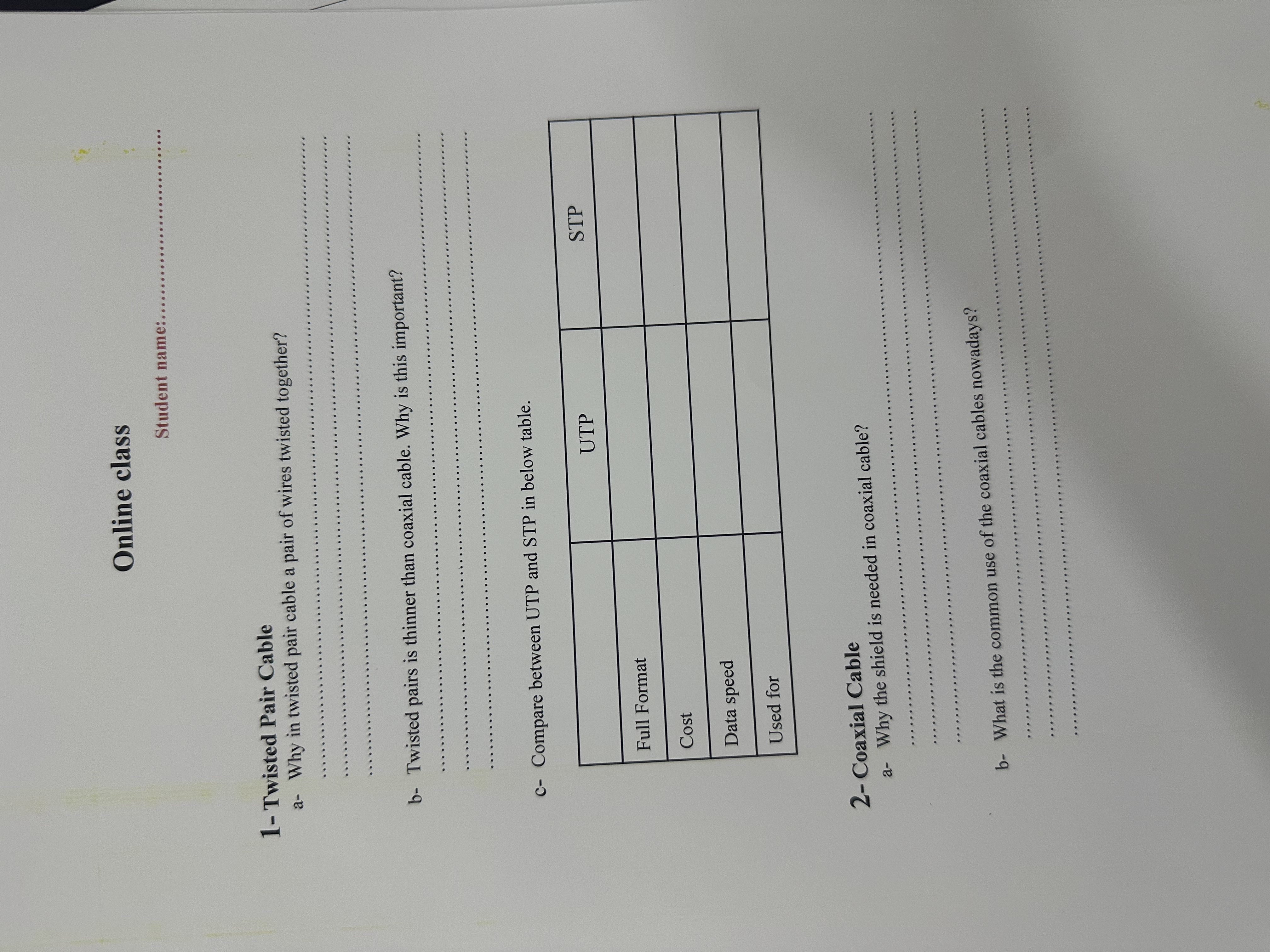 Online class Student name: q , 1 - Twisted Pair