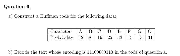 Question 6 . a ) Construct a Huffman code for the