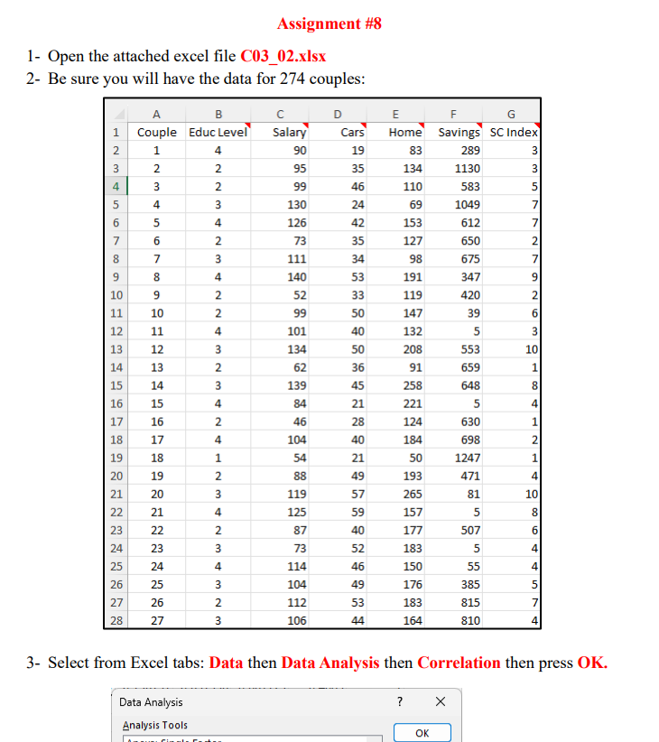 Assignment # 8 1 - Open the attached excel file C