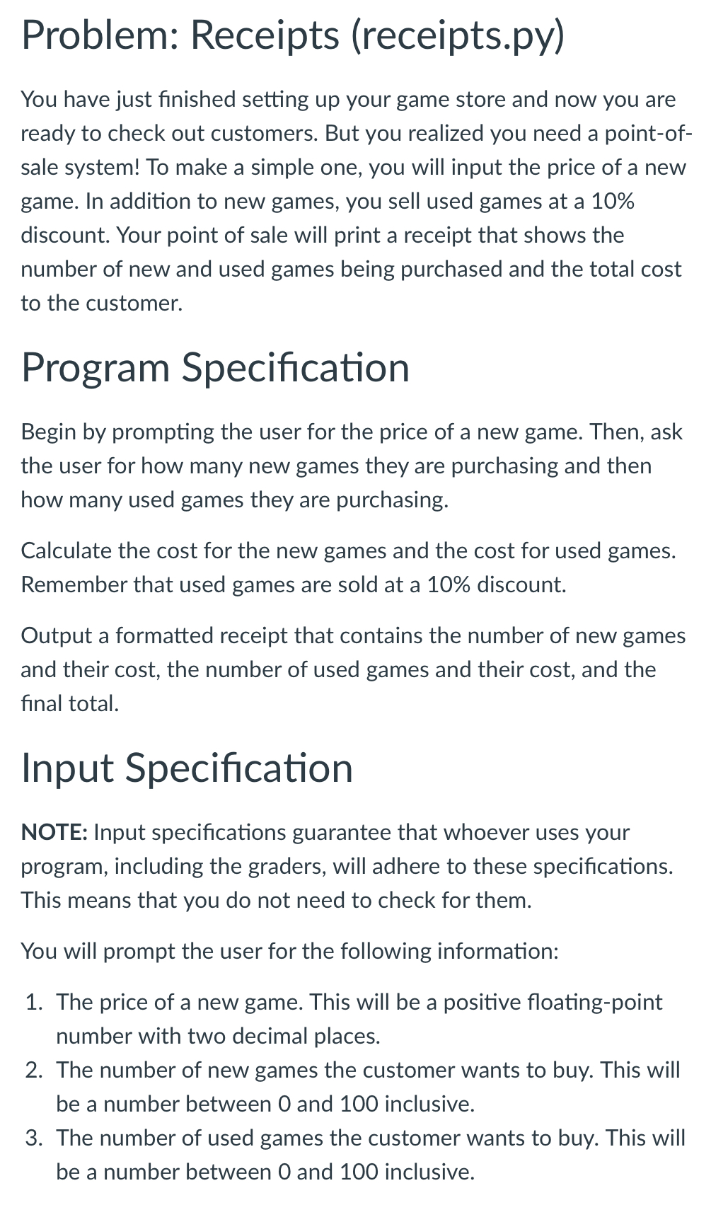 IN PYTHON CODE PLEASE Problem: Receipts (