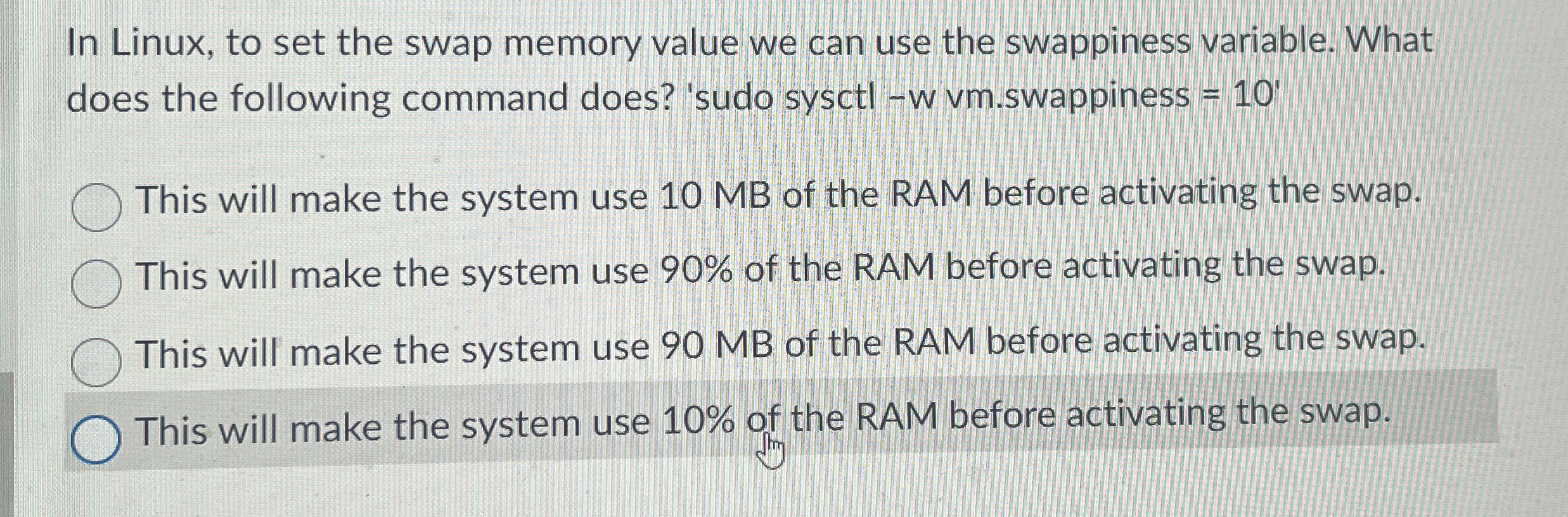 In Linux, to set the swap memory value we can use