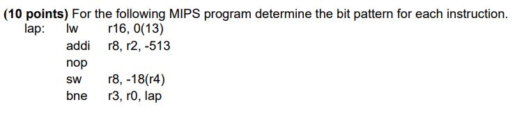 For the following MIPS program determine the bit