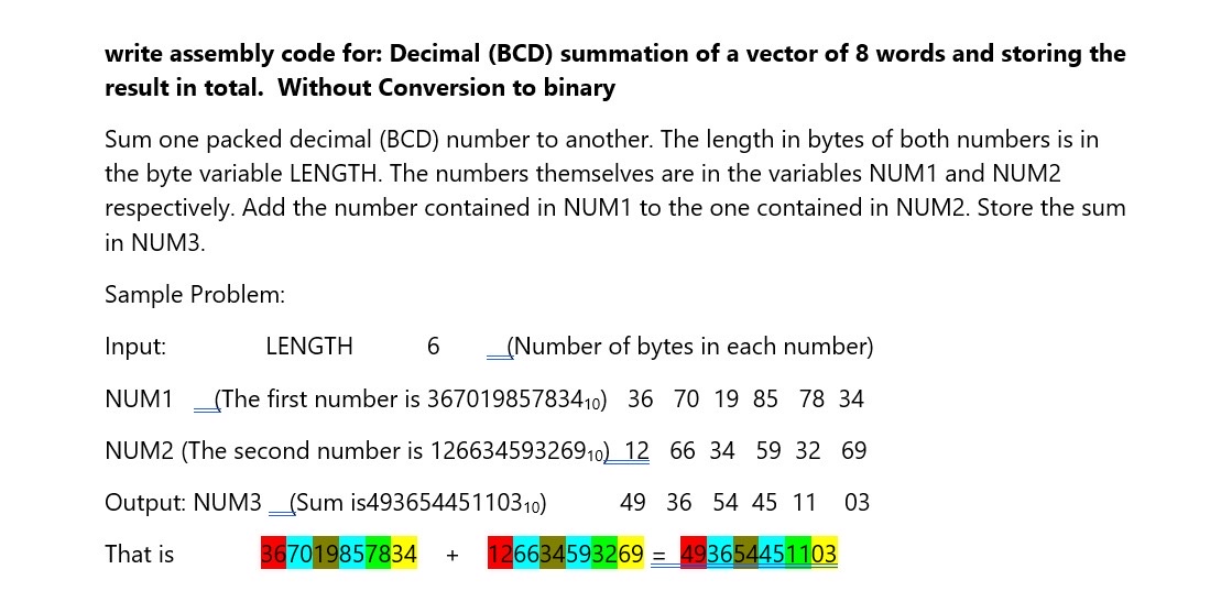 write assembly code for: Decimal ( BCD )