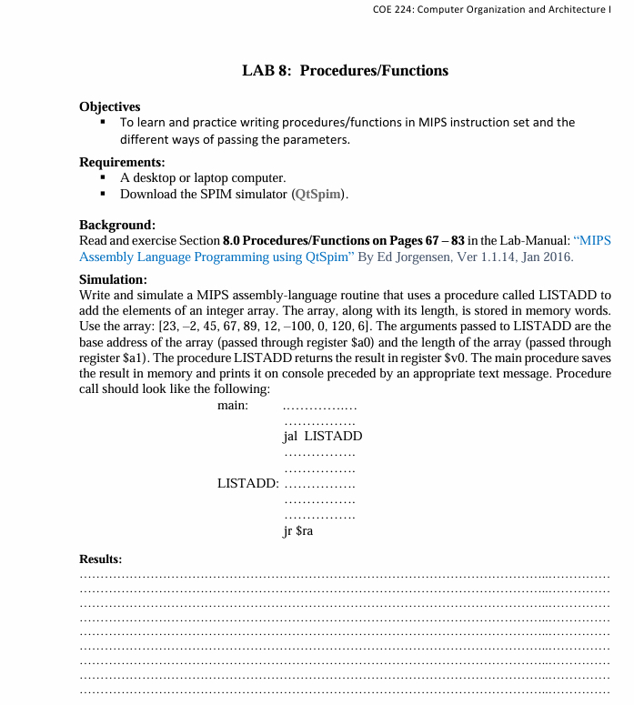 COE 2 2 4 : Computer Organization and