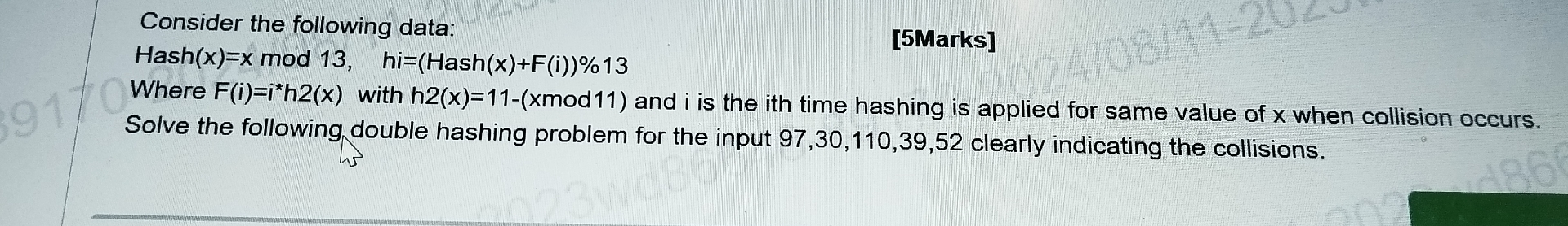 Consider the following data: Hash ( x ) = xmod 1