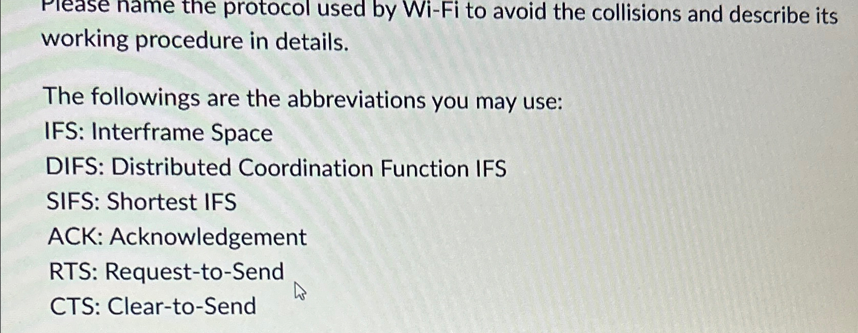 Please name the protocol used by Wi - Fi to avoid