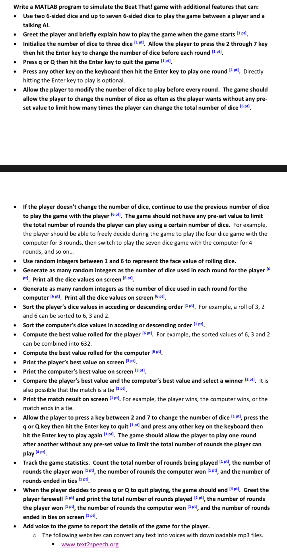Write a MATLAB program to simulate the Beat That!