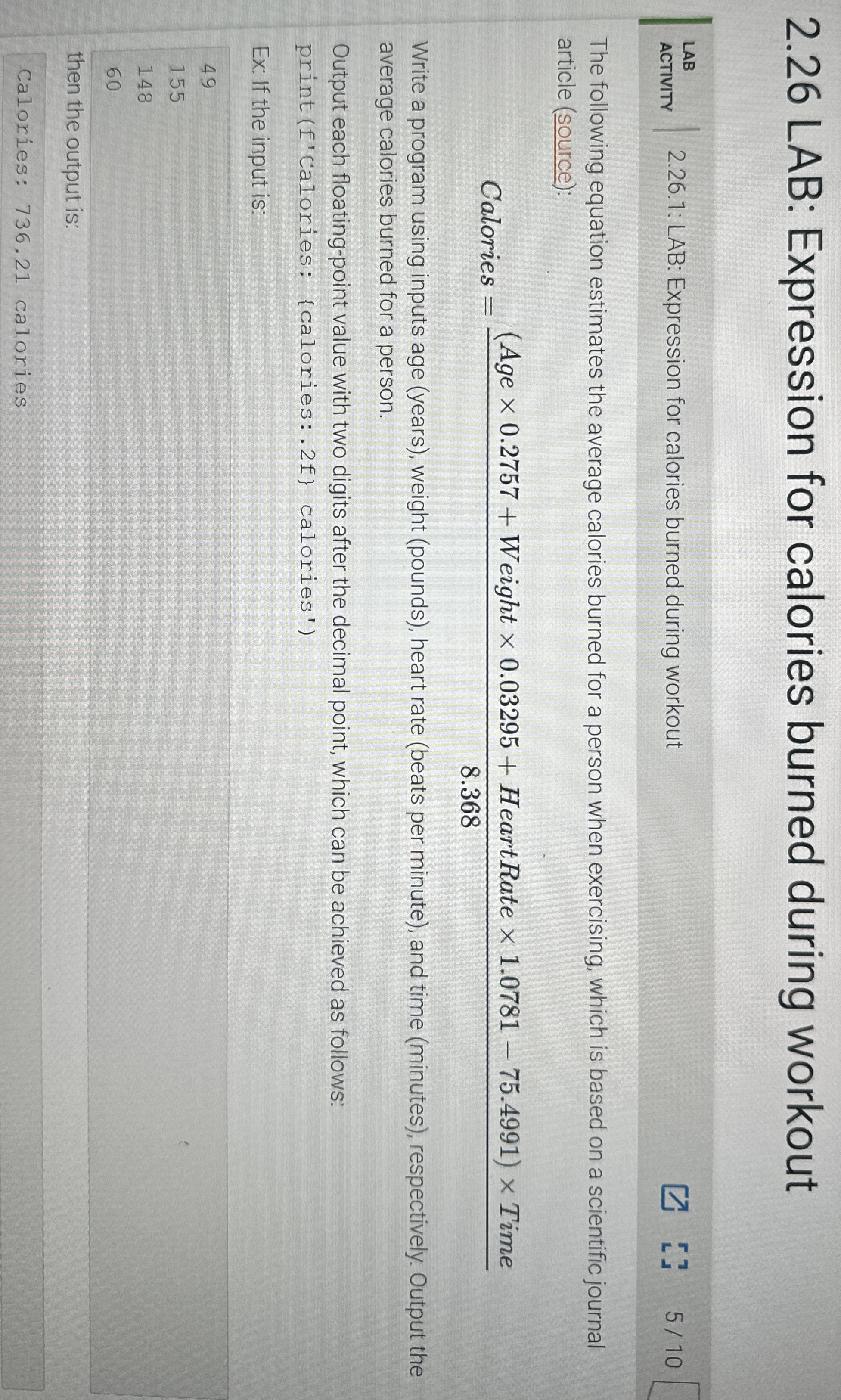 2 . 2 6 LAB: Expression for calories burned