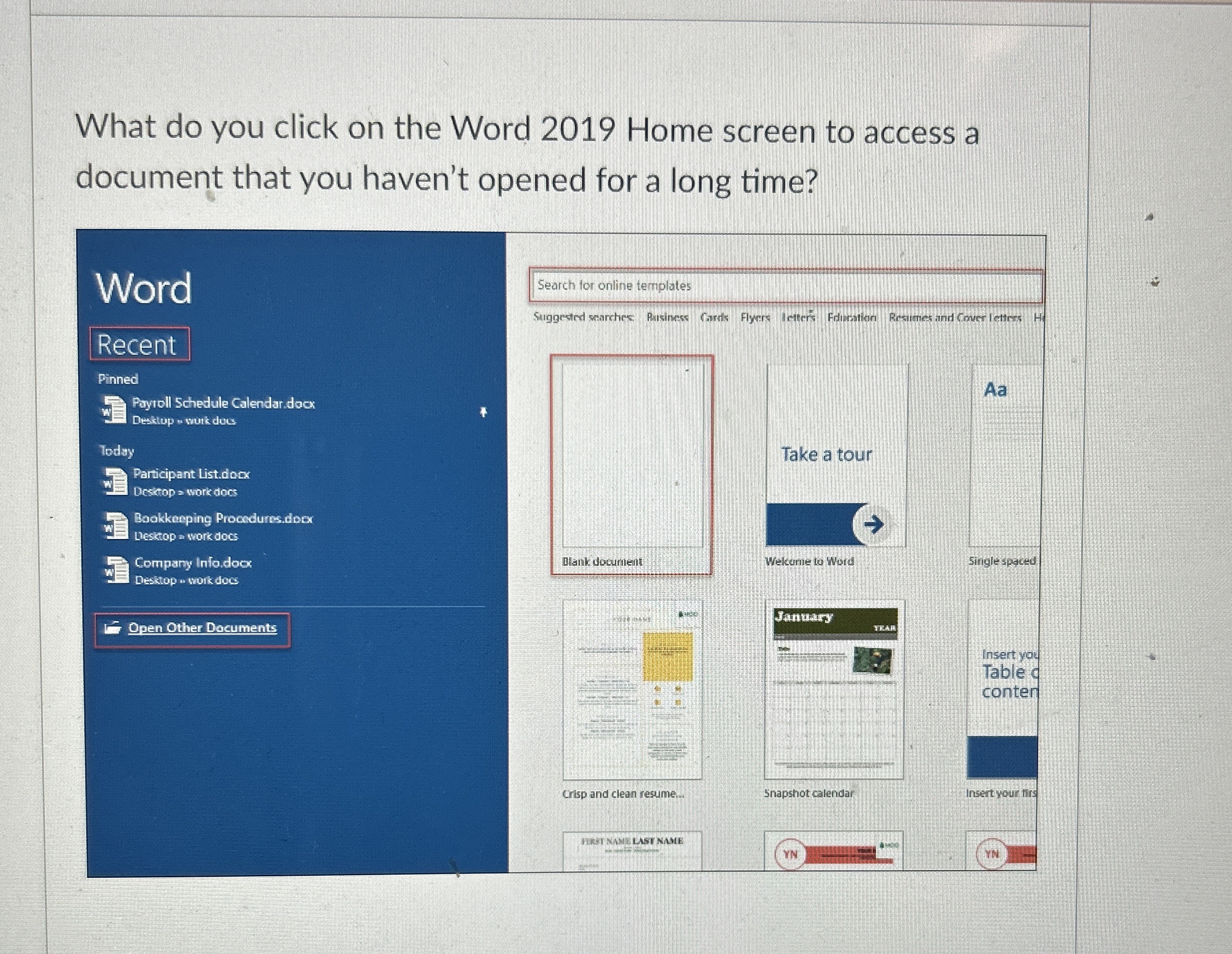 What do you click on the Word 2 0 1 9 Home screen